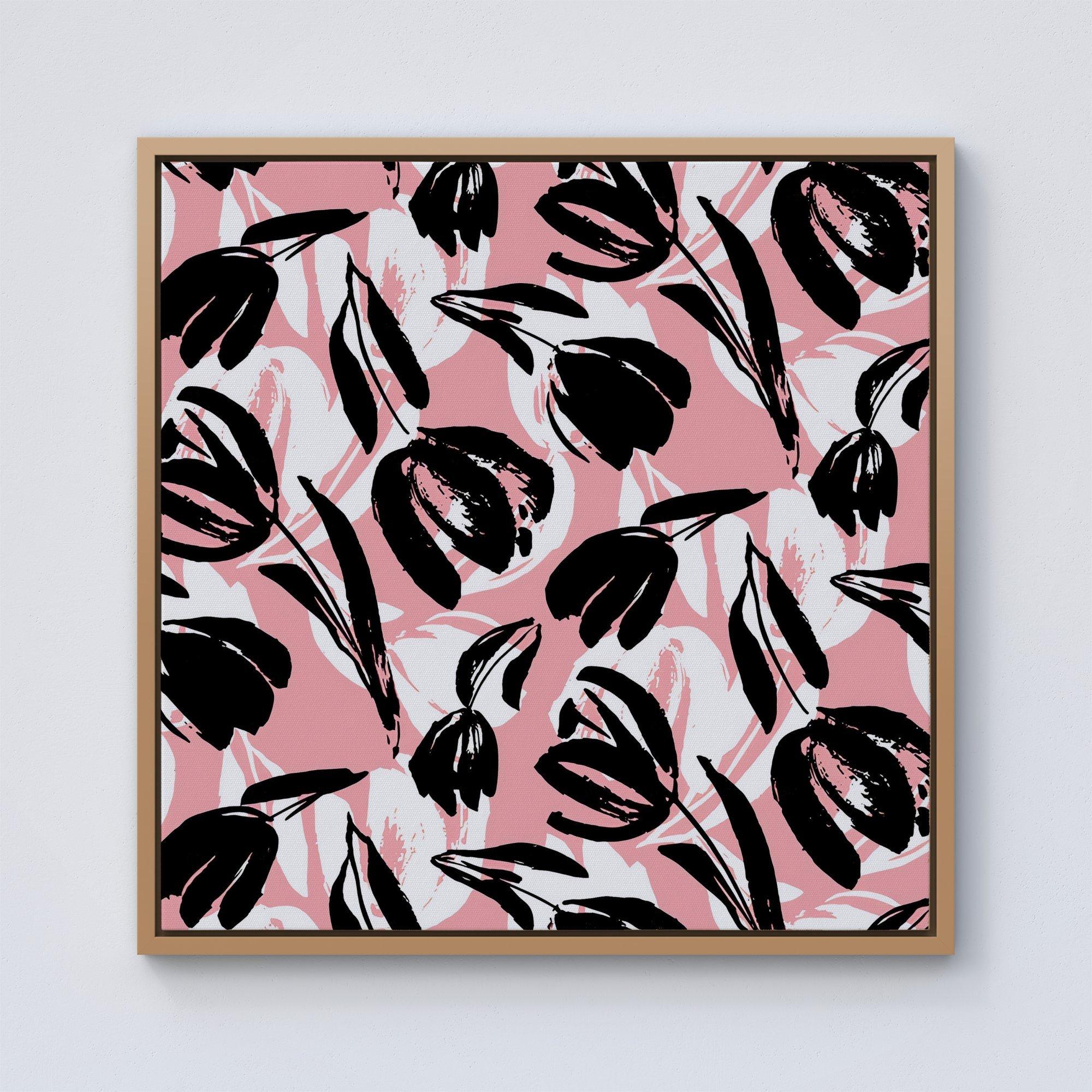 Nature Flat Spring Flower Motif In Pink And Black Color Framed Canvas